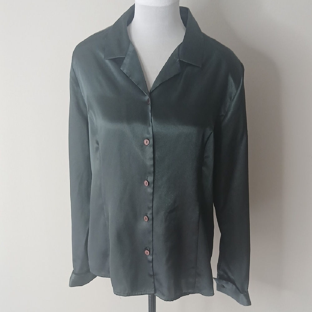 Laura Scott Womens Forest Green Long Sleeve Button Down Shirt Size 14